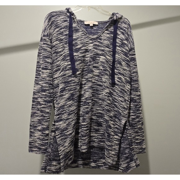 LOFT Tops - LOFT Knit‎ Hoodie Sweater Top Tunic Blue White Long Sleeve Small